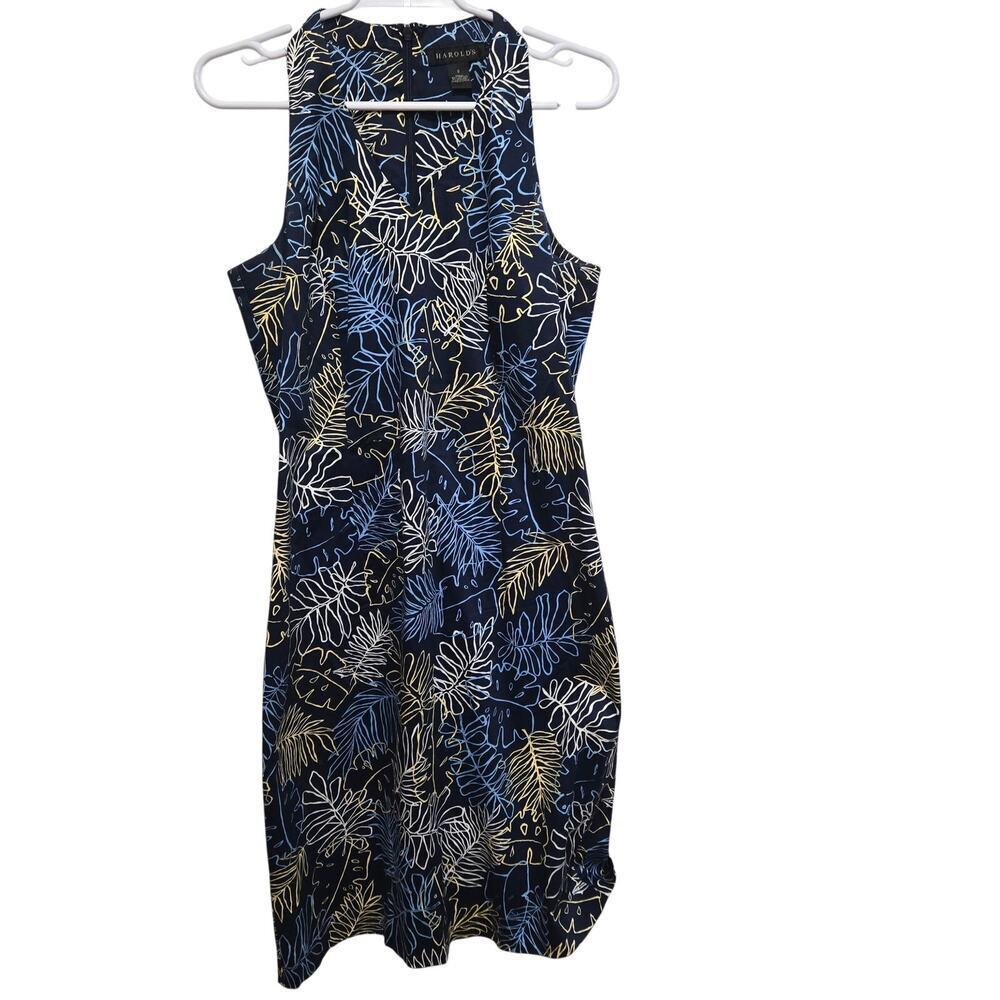 Navy Leaf Print Fit Flare Dress Pockets Size 8